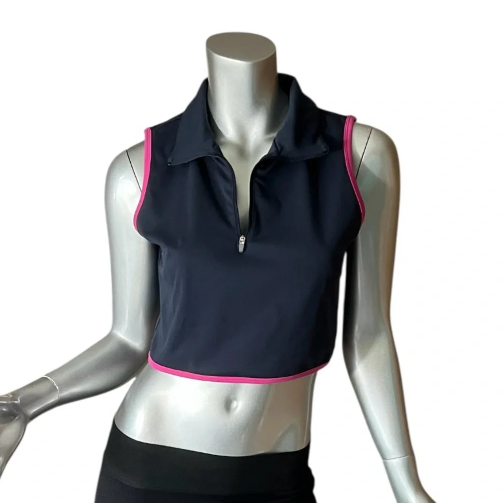 Sincerely Jules Large Crop Top Tank Athletic Stretch Top Zip Neck Navy Blue Pink